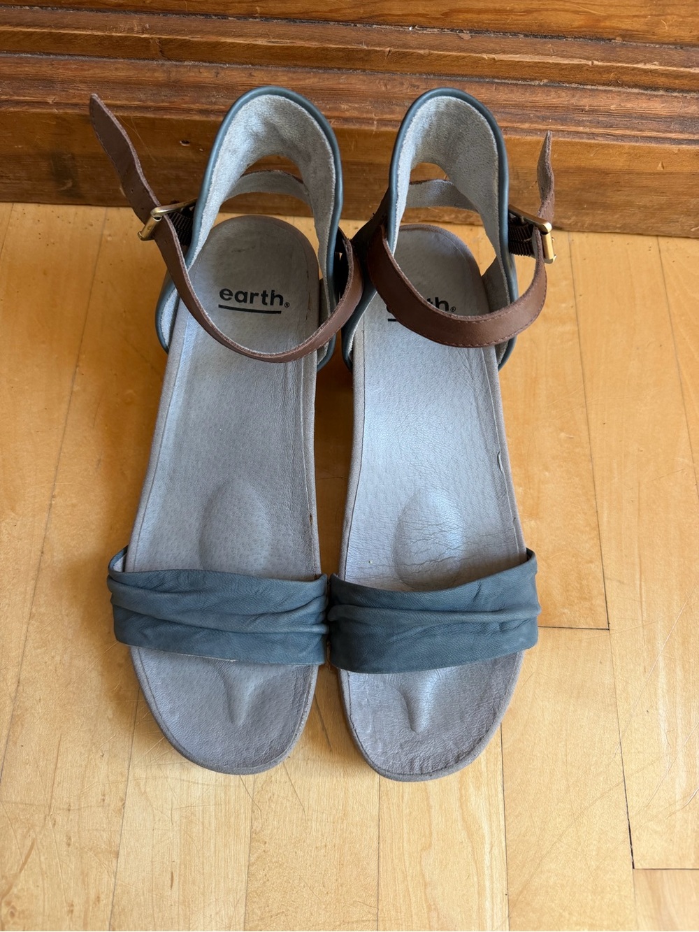 Earth Two-Tone Ankle Strap Sandals in Brown and Gray